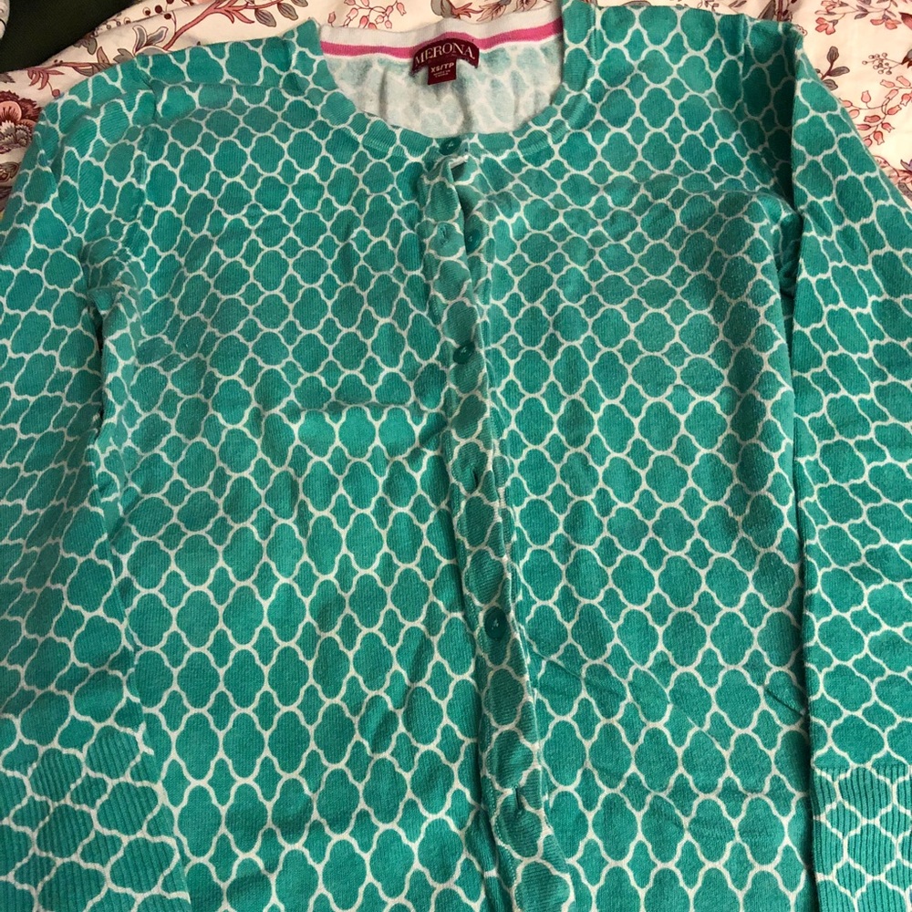 Teal with white cardigan